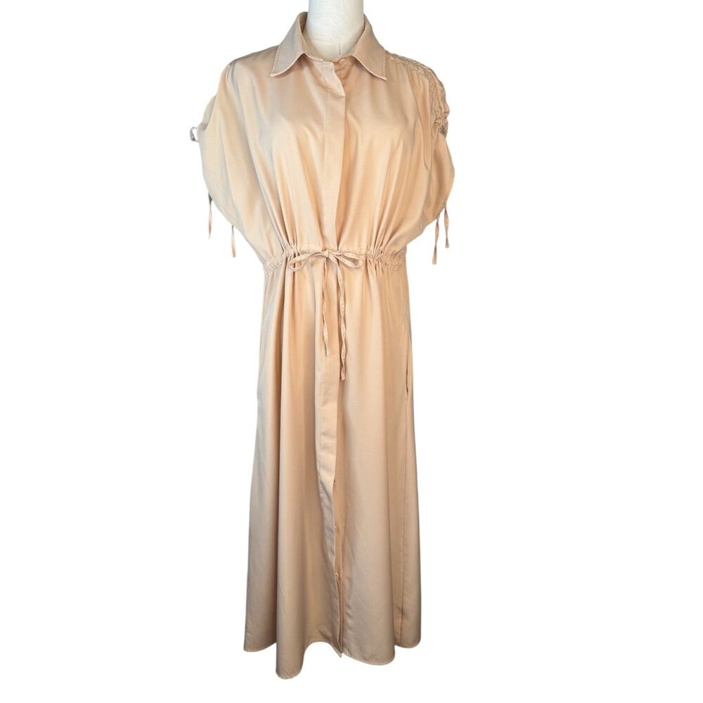 Deli.S Beige Size 8 Button-Down Midi Dress Drawstring Waist & Tie Sleeves